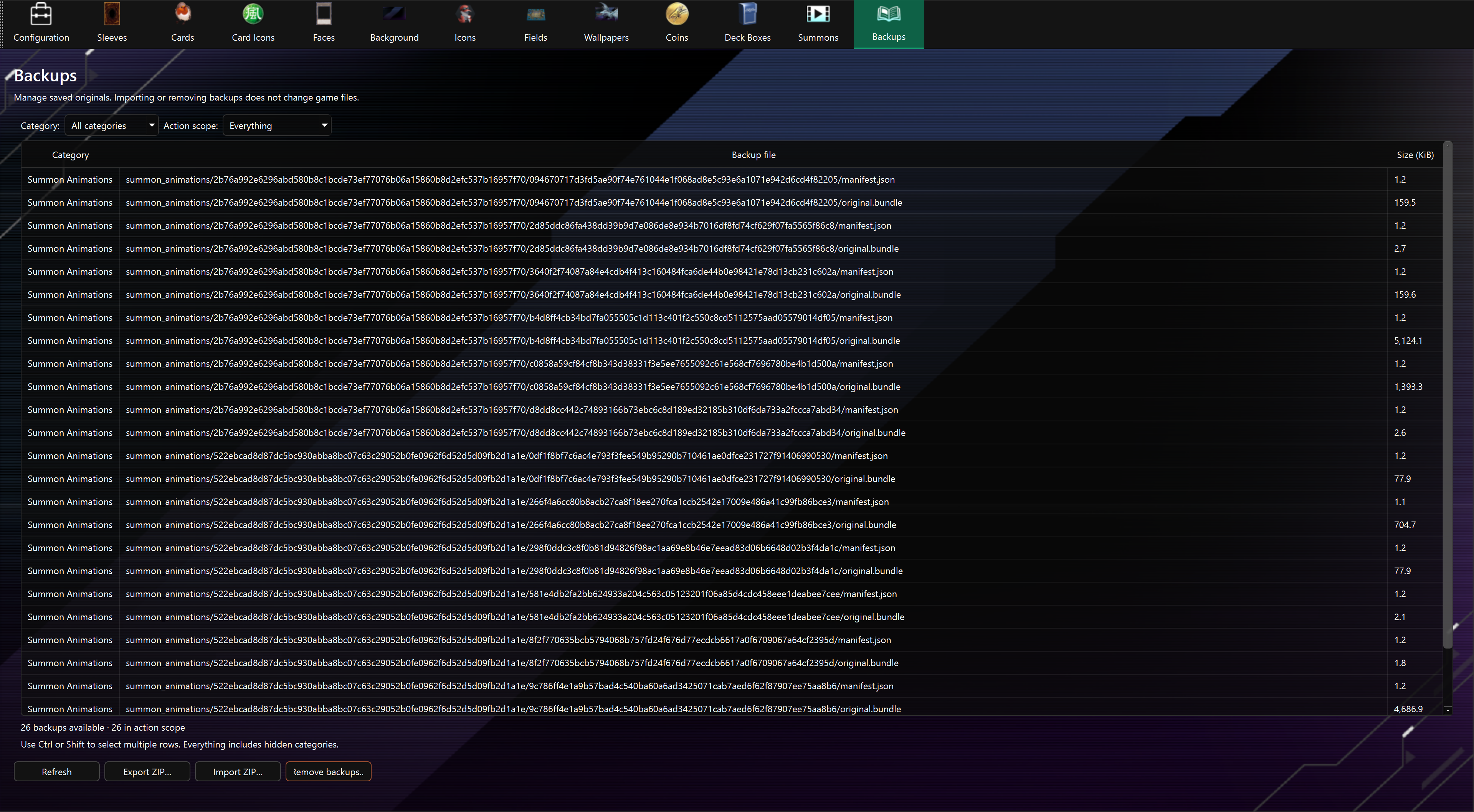 Backups tab